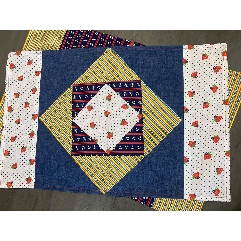 Set of 4 Quilted Placemats Denim Cotton Strawberries Floral Squares Cottage core
